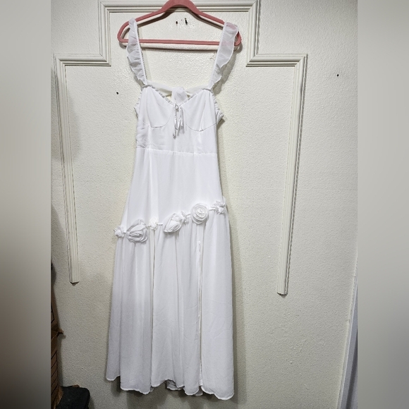 Lulus Romantic Attitude White Chiffon Rosette Drop Waist Maxi Dress XL Wedding - Picture 6 of 9